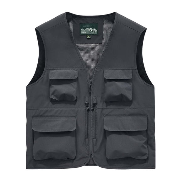 Men's Summer Fishing Utility Vest, Quick Dry Multi Zipper Pocket Sleeveless Jacket with Mesh Lining, Full Zip V-Neck for Photography, Hiking and Outdoor Activities, Big and Tall Size M-6XL Gray