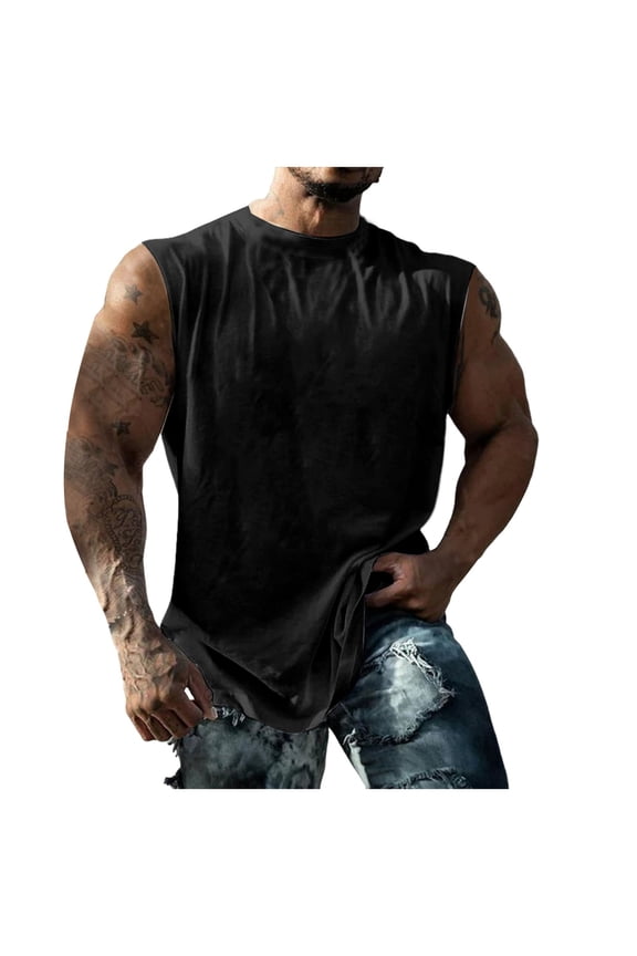 Men's Summer Fitness Tank Top Broad Shoulder Loose Fit Breathable Workout Running Gym Vest Men's Tops T-Shirt Casual Crew Neck Loose