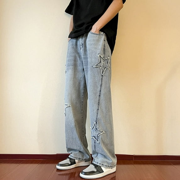 Men's Summer Five pointed Star Patch Jeans American High Street Fashion Brand Vibe Pants Straight Tube Loose Floor Sweeping Wide Leg Pants