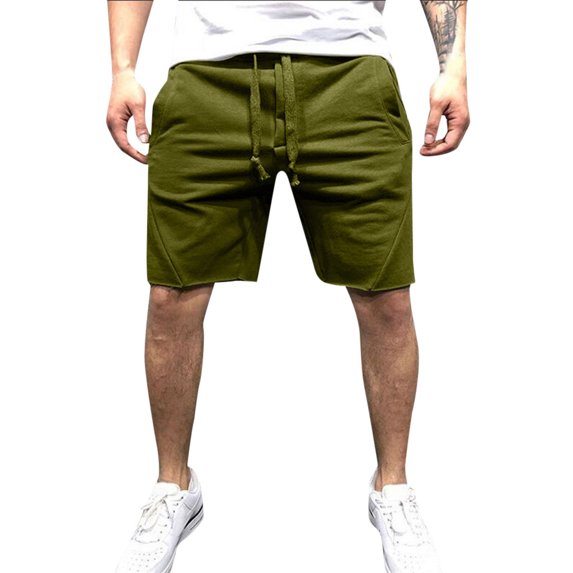 Men's Summer Fleece Hem Athletic Shorts Elastic Waist Drawstring Casual Gym Workout Bottoms Distressed Edge Lightweight Breathable Cotton Sweatshorts Army Green