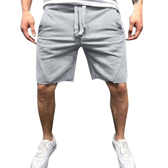 Men's Summer Fleece Hem Athletic Shorts Elastic Waist Drawstring Casual Gym Workout Bottoms Distressed Edge Lightweight Breathable Cotton Sweatshorts Gray