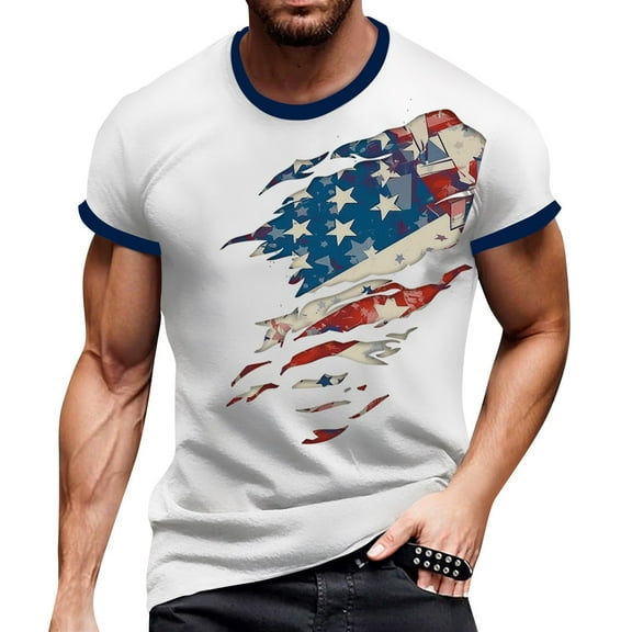 Men's Summer Graphic Print T-Shirt, Independence Day Theme with Soft Cotton Blend for Casual and Sporty Looks ,Blue 2XL