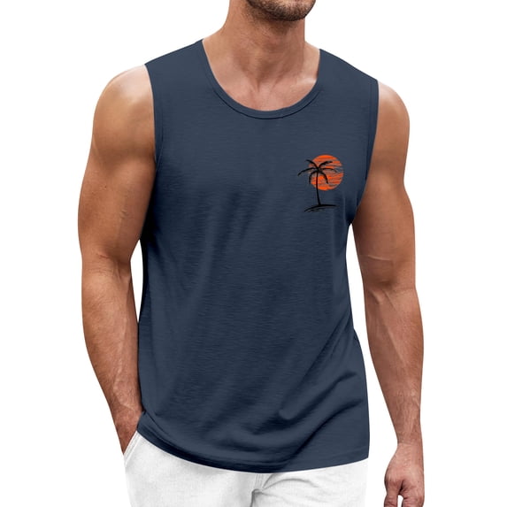 Men's Summer Hawaiian Printed Surf Beach Tank Top, Casual Loose Breathable Sleeveless Shirt, Navy Blue, L