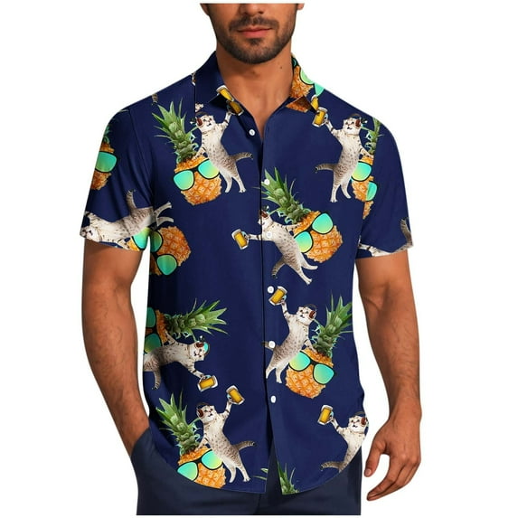 Men's Summer Hawaiian Shirts Casual Short Sleeve Button Down Holiday Beach Australian Shepherd Dog Pattern Shirt
