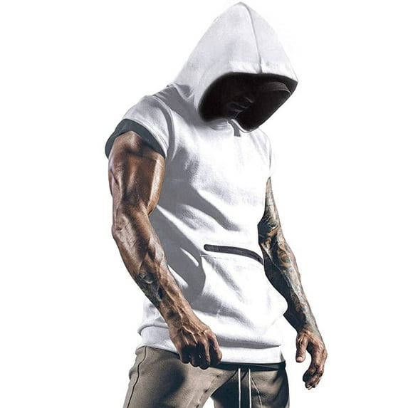 Men's Summer Hooded Tank Tops Plain Short Sleeves Pullover Sweatshirts Slim Fit T-Shirt with Zipper