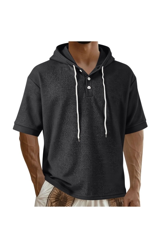 Men's Summer Hoodie Pullover Drawstring Button Short Sleeve Solid Color Outdoor Hiking Tops Father's Gift