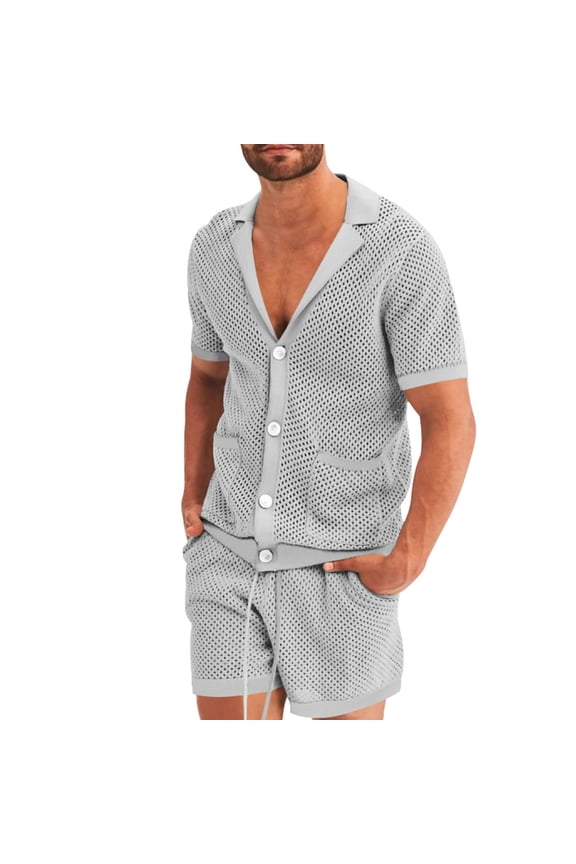 Men's Summer Ice Silk Hollow Cool Short Sleeve Two-Piece Suit, Casual Stretch Loose Tracksuit Set for Men
