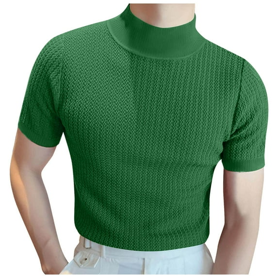 Men's Summer Knitted High Neck Short Sleeve Casual T-Shirt Solid Color Round Neck Pleated Top Breathable Comfort Fit Mens T-Shirts Solid Color Sleeve Casual Crew Neck Basic Tees