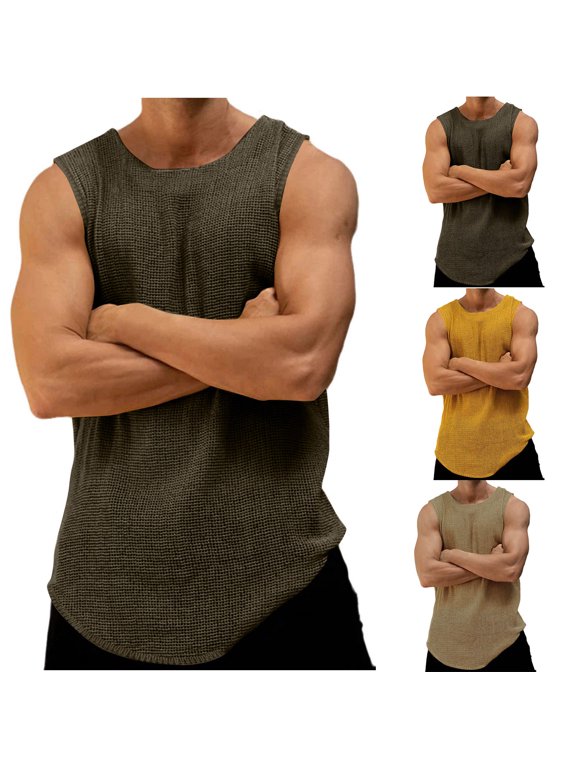 Men's Summer Knitted Tank Top Muscle Tank Singlet with Round Neck Loose Fit Casual Breathable Cooling Beach Vacation Gym Workout Streetwear Outfit | AESTIVO,Khaki L