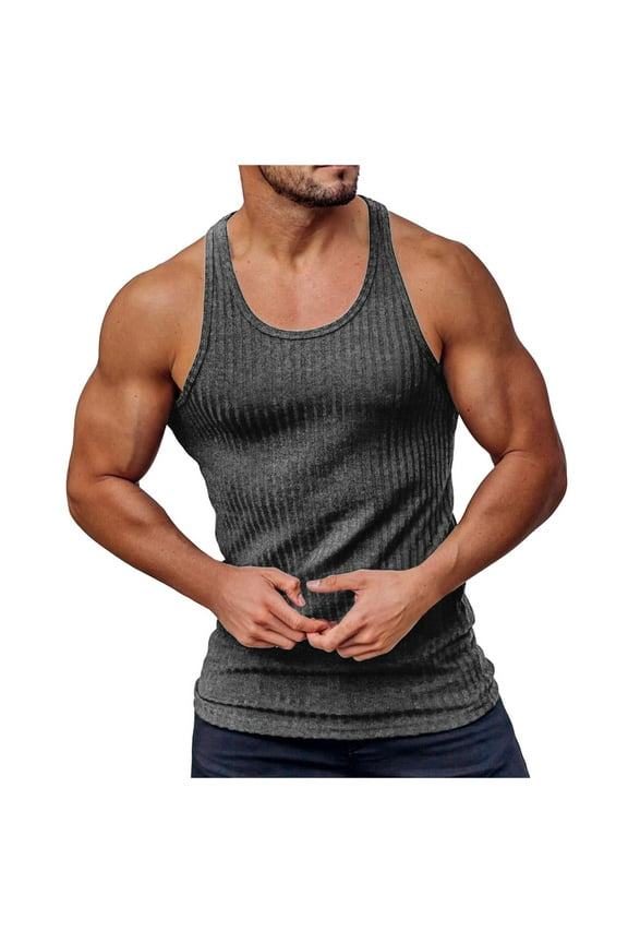 Men's Summer Knitted Vertical Stripe Fitness Tank Top Breathable Workout Athletic Sleeveless Shirt Wicking Lightweight Comfortable Gym Running Men's Henley Shirts Washed Sleeveless Tank Tops