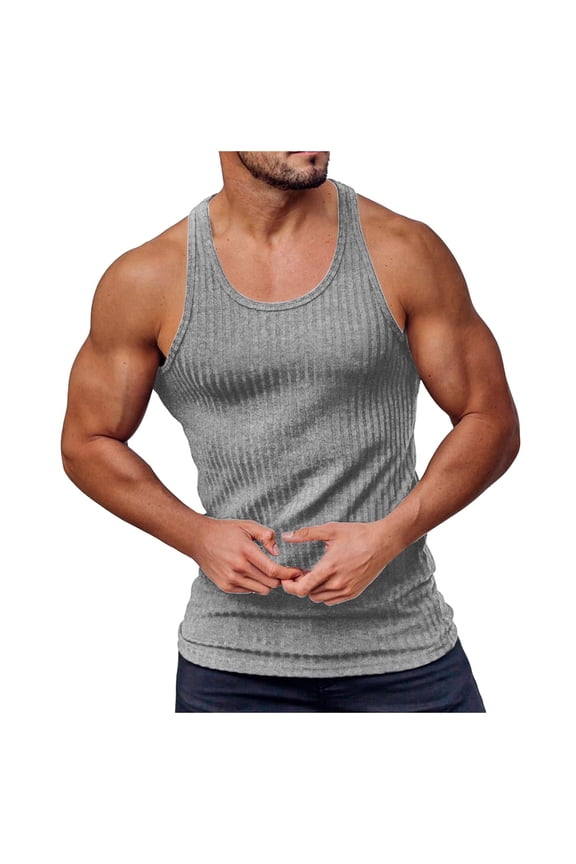 Men's Summer Knitted Vertical Stripe Fitness Tank Top Breathable Workout Athletic Sleeveless Shirt Wicking Lightweight Comfortable Gym Running Men's Henley Shirts Washed Sleeveless Tank Tops