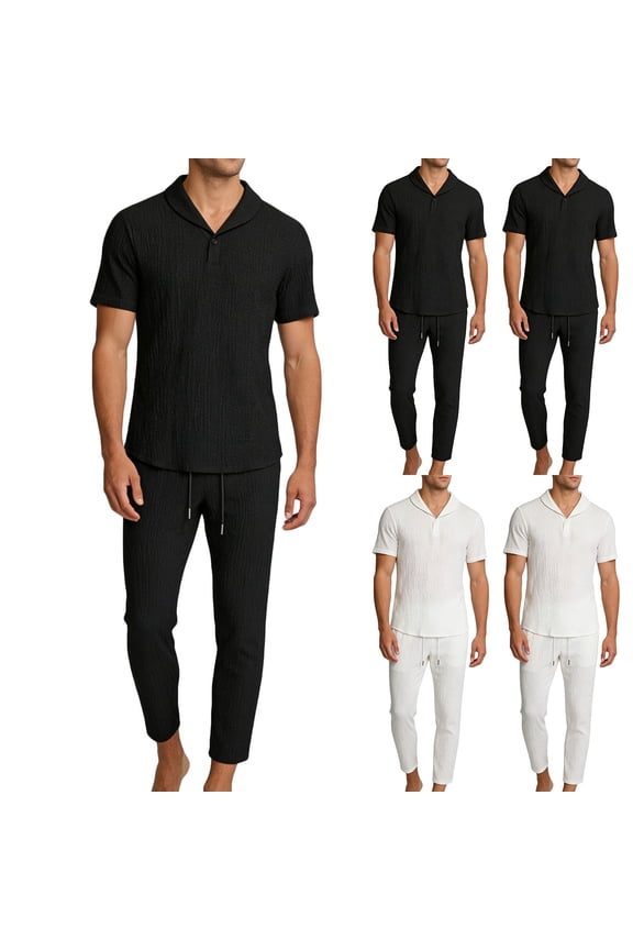 Men's Summer Linen Cotton Short Sleeve Button Down Shirt and Elastic Waist Drawstring Shorts Set 2 Piece Outfits Casual Loose Fit Beach Vacation Golf Streetwear | AESTIVO,Black L