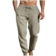 Men's Summer Linen Pants Casual Lightweight Drawstring Elastic Waist Beach Pants Straight Leg Breathable Yoga Pants