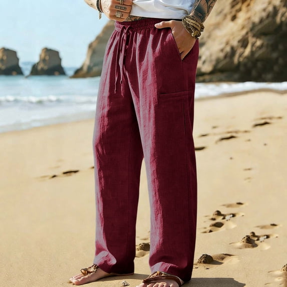 Men's Summer Linen Pants Cotton Linen Elastic Waist Drawstring Vacation Beach Pants Mens Casual Solid Lightweight Breathable Comfy Trousers