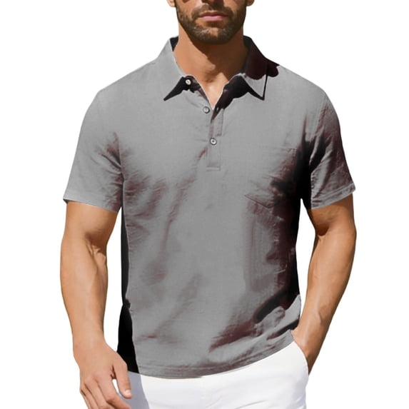 Men's Summer Linen Polo Shirt, Short Sleeve Buttoned Collared Top with Chest Pocket for Beach and Casual Outings Gray