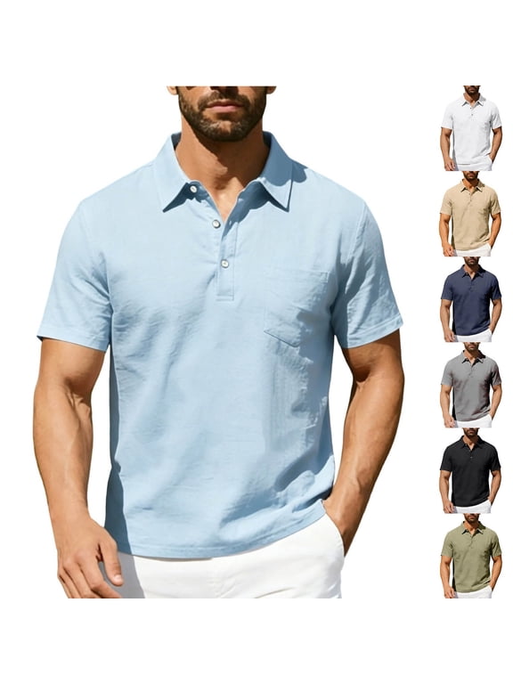 Men's Summer Linen Polo Shirt, Short Sleeve Buttoned Collared Top with Chest Pocket for Beach and Casual Outings Light Blue