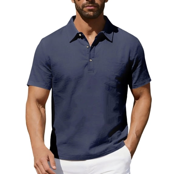 Men's Summer Linen Polo Shirt, Short Sleeve Buttoned Collared Top with Chest Pocket for Beach and Casual Outings Navy