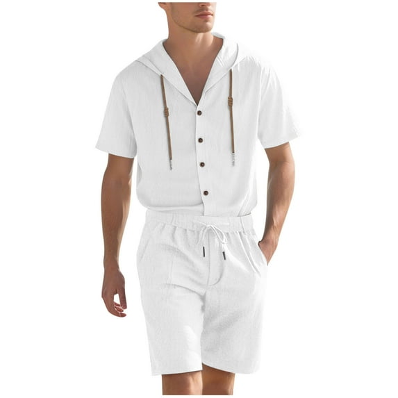 Men's Summer Linen Sets 2 Piece Outfits Short Sleeve Button Down Beach Shirt and Shorts Beach Vacation Clothing
