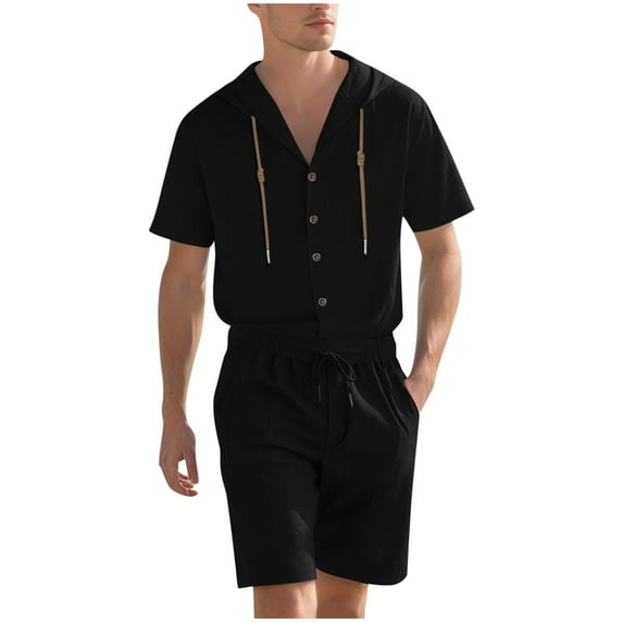Men's Summer Linen Sets 2 Piece Outfits Short Sleeve Button Down Beach Shirt and Shorts Beach Vacation Clothing