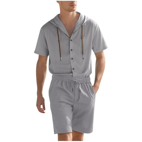 Men's Summer Linen Sets 2 Piece Outfits Short Sleeve Button Down Beach Shirt and Shorts Beach Vacation Clothing