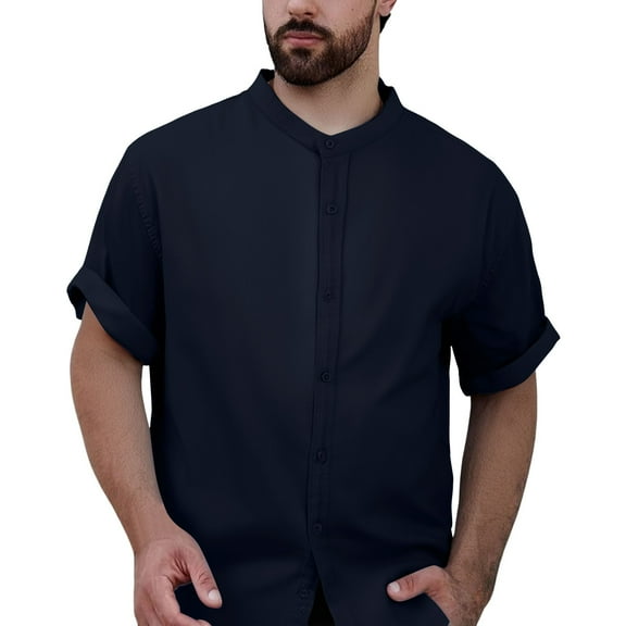 Men's Summer Linen Shirt Breathable Thin Casual Short Sleeve Stand Collar Top Lightweight Comfortable Stylish Relaxed Fit Mens Basic Tee Shirts Summer Vintage T Shirts