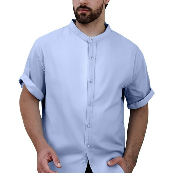 Men's Summer Linen Shirt Casual Breathable Short Sleeve Stand Collar Top Lightweight Comfortable Stylish Relaxed Fit Mens Basic Tee Shirts Summer Classic T-Shirts