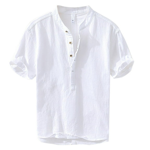 Men's Summer Linen Short Sleeve Half Button Shirt - Comfortable, Stylish