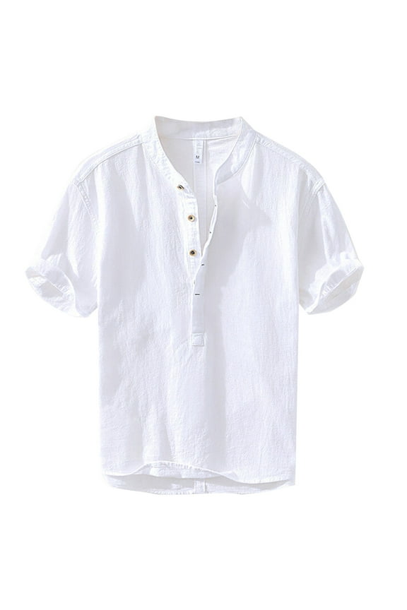 Men's Summer Linen Short Sleeve Half Button Shirt - Comfortable, Stylish