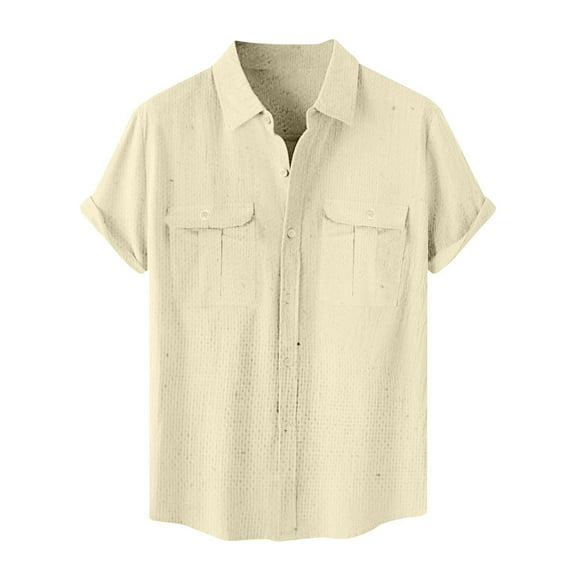 Men's Summer Loose Cotton Linen Work Shirts Lapel Collar Button Down Short Sleeve Business Casual Dress Shirts