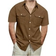 thumbnail image 1 of Men's Summer Loose Cotton Linen Work Shirts Lapel Collar Button Down Short Sleeve Business Casual Dress, 1 of 7