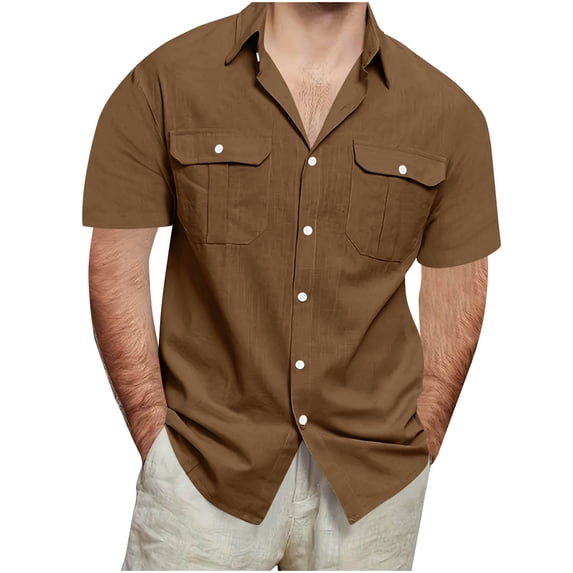 Men's Summer Loose Cotton Linen Work Shirts Lapel Collar Button Down Short Sleeve Business Casual Dress