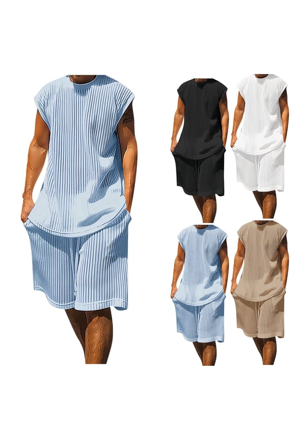 Men's Summer Loose Sleeveless Tank Top Shorts Set Casual Knitted Short Sleeve Round Neck Solid Color Beach Vacation Loungewear Gym Workout Streetwear Outfits | AESTIVO,Black L