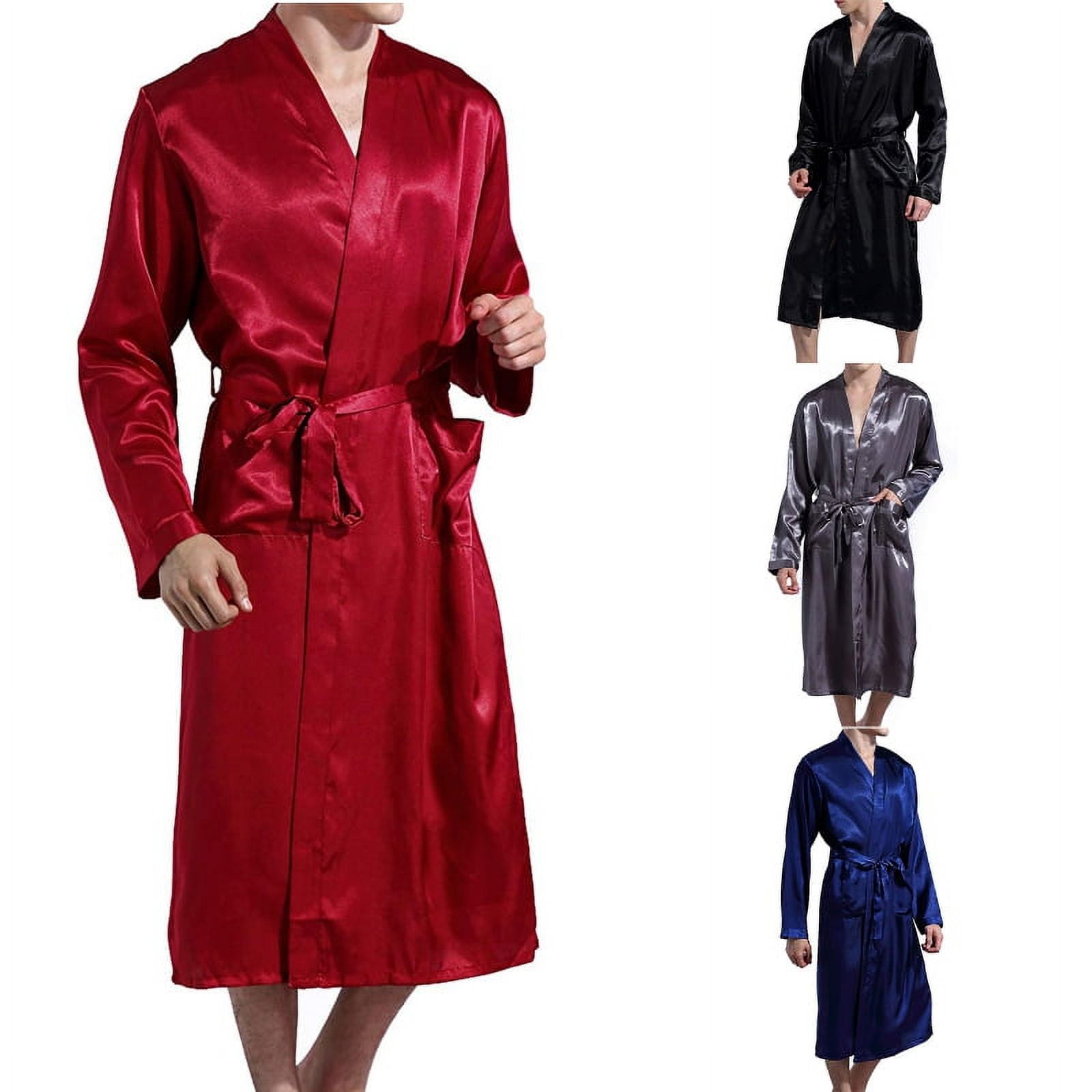 Mens Summer Luxurious Kimono Soft Satin Robe Long Sleeve Nightgown