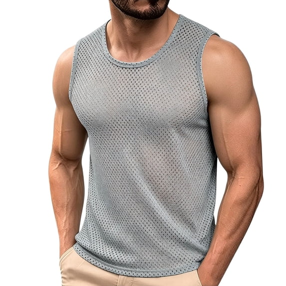 Men's Summer Mesh Wide Shoulder Crew Neck Quick-Dry Breathable Solid Sleeveless Athletic Base Layer