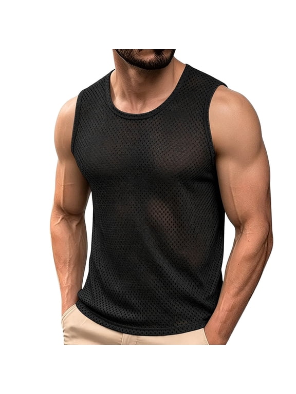 Men's Summer Mesh Wide Shoulder Crew Neck Quick-Dry Breathable Solid Sleeveless Athletic Base Layer