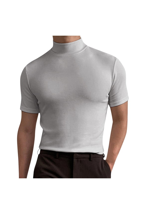Men's Summer Mock Turtleneck T Shirt Solid High Collar Short Sleeve Tops Basic Slim Undershirt Tees