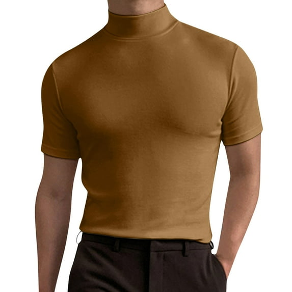 Men's Summer Mock Turtleneck T Shirt Solid High Collar Short Sleeve Tops Basic Slim Undershirt Tees