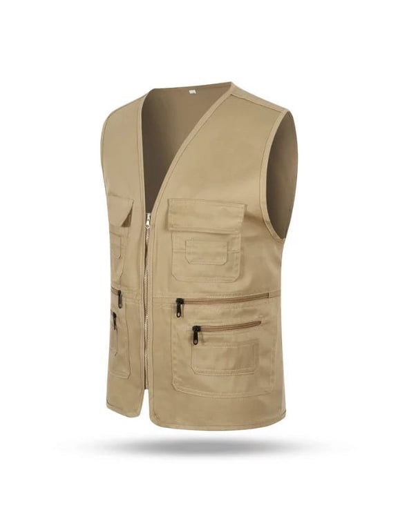 Men's Summer Outdoor Work Safari Fishing Travel Photo Vest with Pockets, Sport Coats & Blazers Casual Outdoor Work Fishing Travel Photo Cargo Vest Jacket Multi Pockets Jackets For Men, Khaki XL