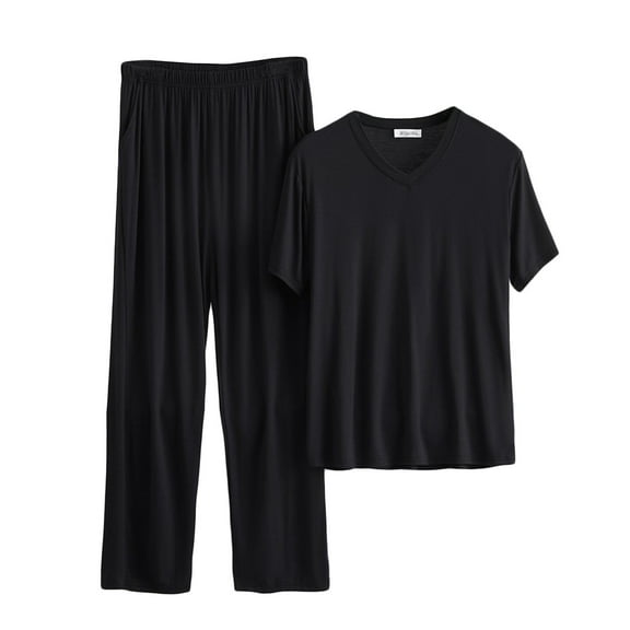 Men's Summer Pajamas Set Pullover Short Sleeve V Neck Shirts Matching Long Pants 2 Piece Lounge Sets Comfy Sleepwear