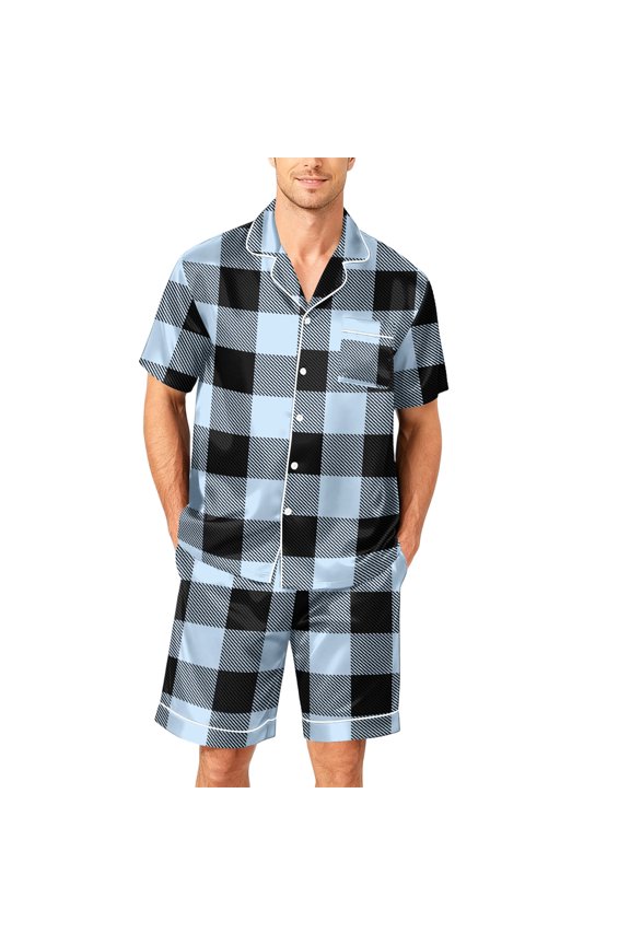Men's Summer Plaid Pajama Set with Pockets Short Sleeve Button Down Top and Shorts Sleepwear 2 Piece Loungewear