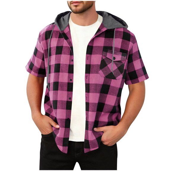 Men's Summer Plaid Shirts Button Down Hooded Casual Shirt Short Sleeve Stylish Lightweight Loose Work Blouse Tops with Pocket