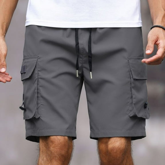 Men's Summer Plus Size Short Pants Summer Fashion Size S Solid Color Elastic Waist Athletic Casual Pants Gray Color Multi Pocket Loose Workwear Knee Length Sport Cargo Shorts