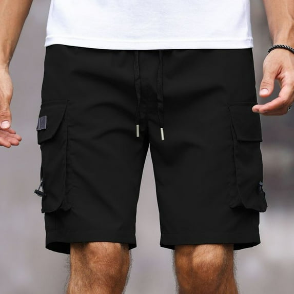 Men's Summer Plus Size Short Pants Summer Fashion Size XL Solid Color Elastic Waist Athletic Casual Pants Black Color Multi Pocket Loose Workwear Knee Length Sport Cargo Shorts