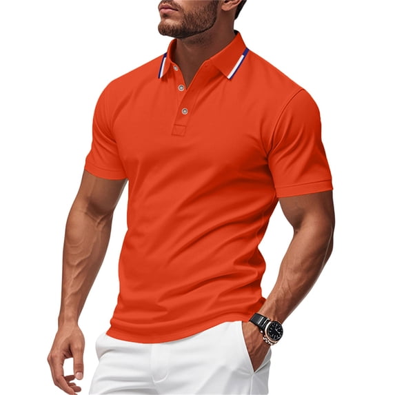 Men's Summer Polo Shirts Short Sleeve Solid Color Basic Golf Work Collared Shirts, L