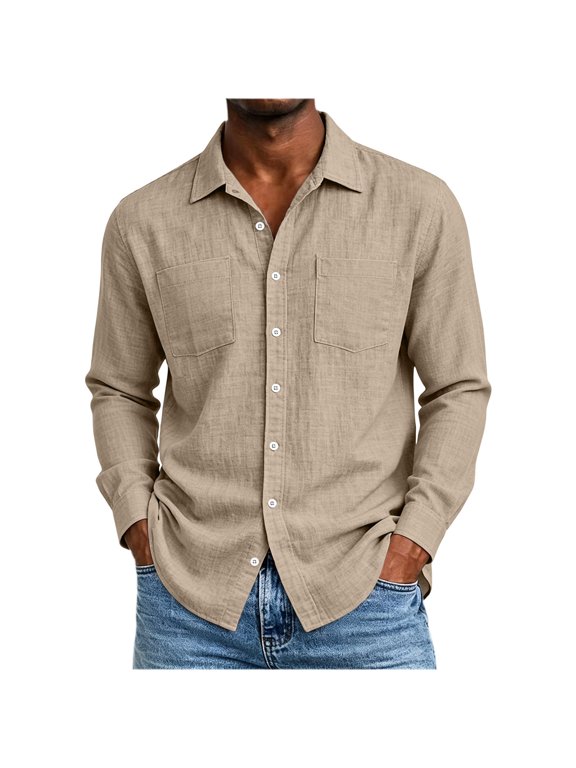 Men's Summer Retro Linen Cotton Dress Shirt, Long Sleeve Casual Loose Button Down Shirt with Dual Chest Pockets Khaki