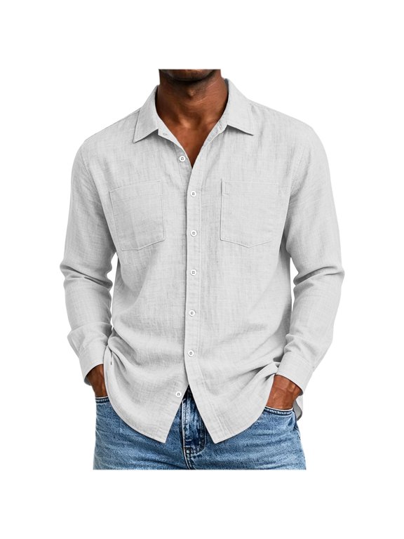 Men's Summer Retro Linen Cotton Dress Shirt, Long Sleeve Casual Loose Button Down Shirt with Dual Chest Pockets White