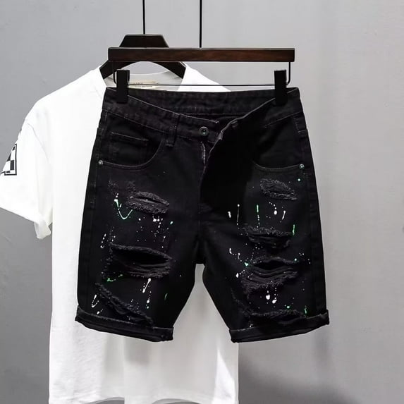 Men's Summer Ripped Thin Denim Shorts Youth Black Fashion Washed Slim Fit Five-Point Pants