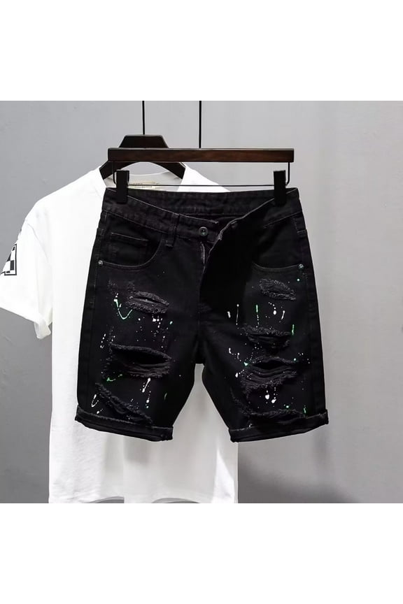 Men's Summer Ripped Thin Denim Shorts Youth Black Fashion Washed Slim Fit Five-Point Pants