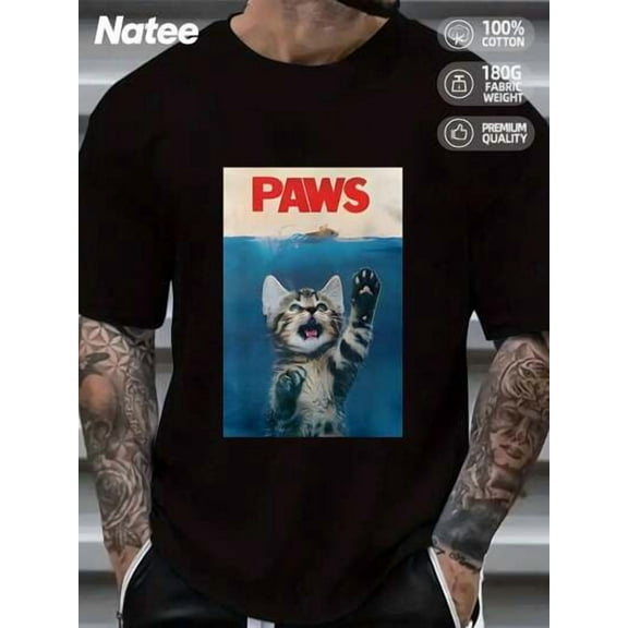 Men's Summer Round Neck Short Sleeved Casual Cotton Print Cat Parody Of Jaws: Paws T-Shirt