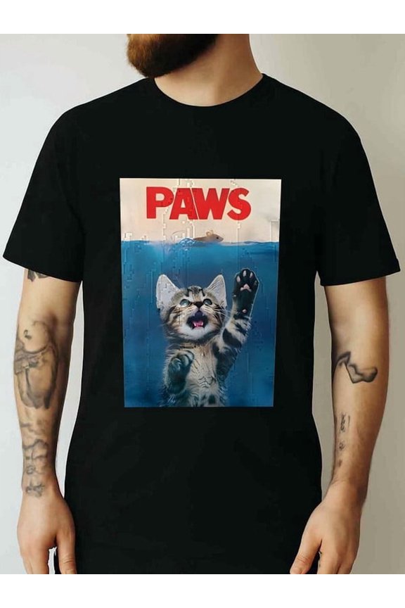 Men's Summer Round Neck Short Sleeved Casual Cotton Print Cat Parody Of Jaws: Paws T-Shirt